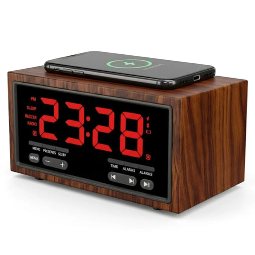 F1503 4 in 1 Wood Wireless Charging Station 15W Max Wireless Charger + Bluetooth-Compatible Speaker + Clock + FM Radio - 1