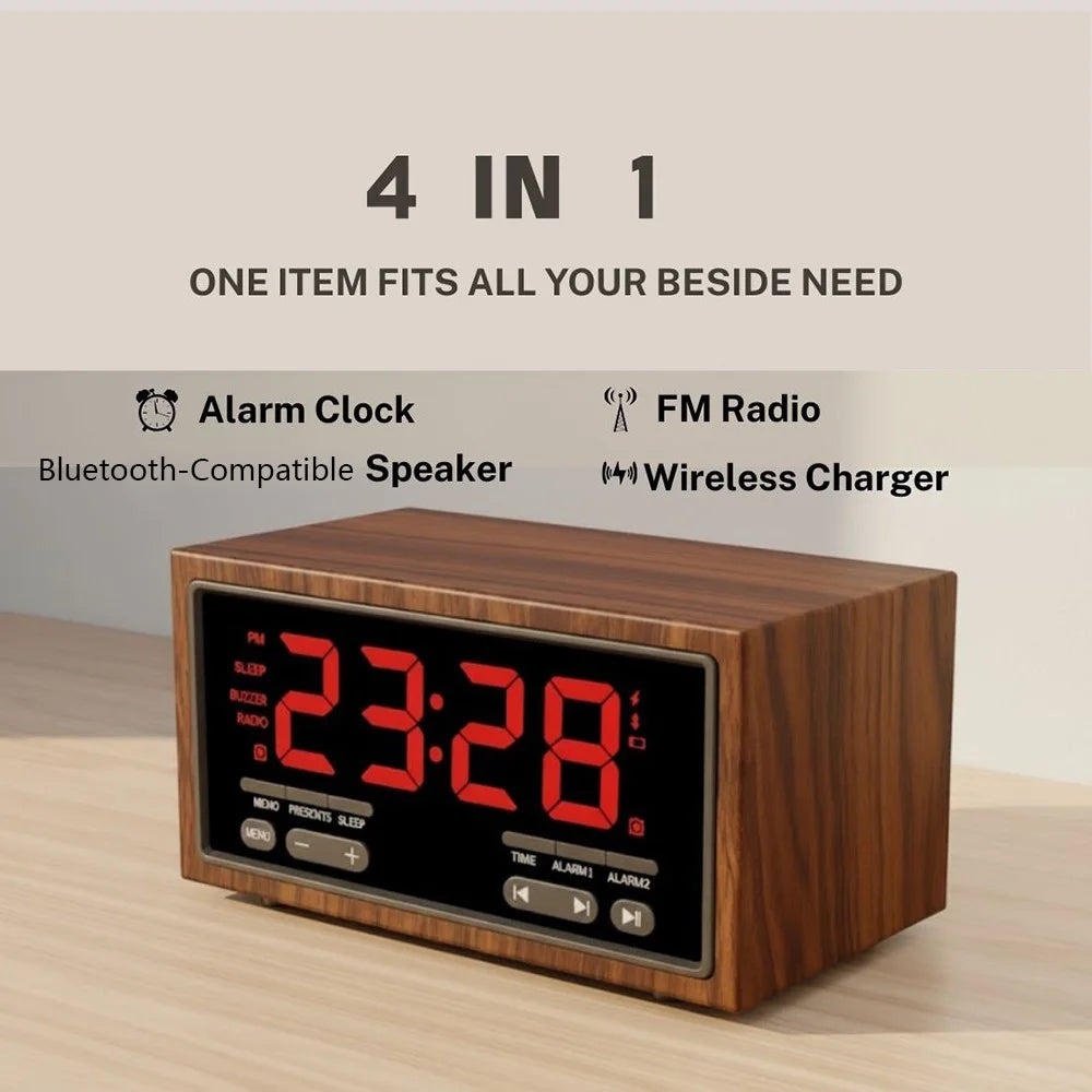 F1503 4 in 1 Wood Wireless Charging Station 15W Max Wireless Charger + Bluetooth-Compatible Speaker + Clock + FM Radio - 4
