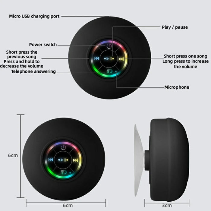 Wireless Bluetooth-Compatible Speaker with Suction Cup and LED Lights IPX4 Waterproof Portable Speaker for Bathroom Beach - Black - 6