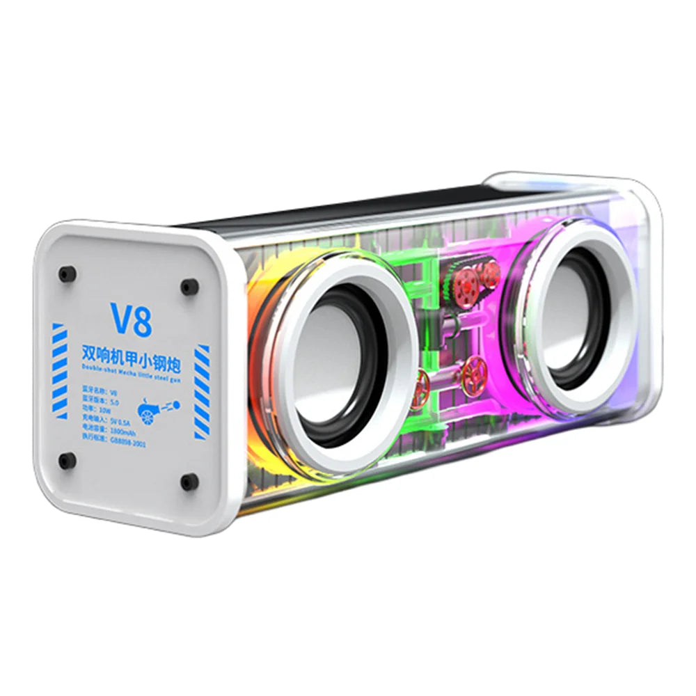 V8 Transparent Mecha Desktop Bluetooth-compatible Speaker 10W Powerful Bass Portable Soundbar with RGB Light - White - 1