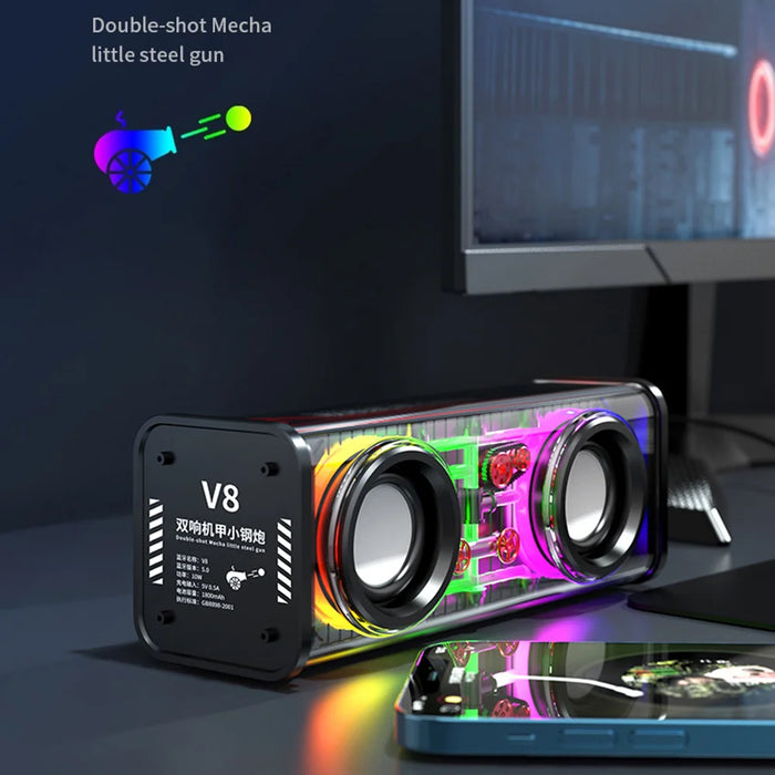 V8 Transparent Mecha Desktop Bluetooth-compatible Speaker 10W Powerful Bass Portable Soundbar with RGB Light - White - 6