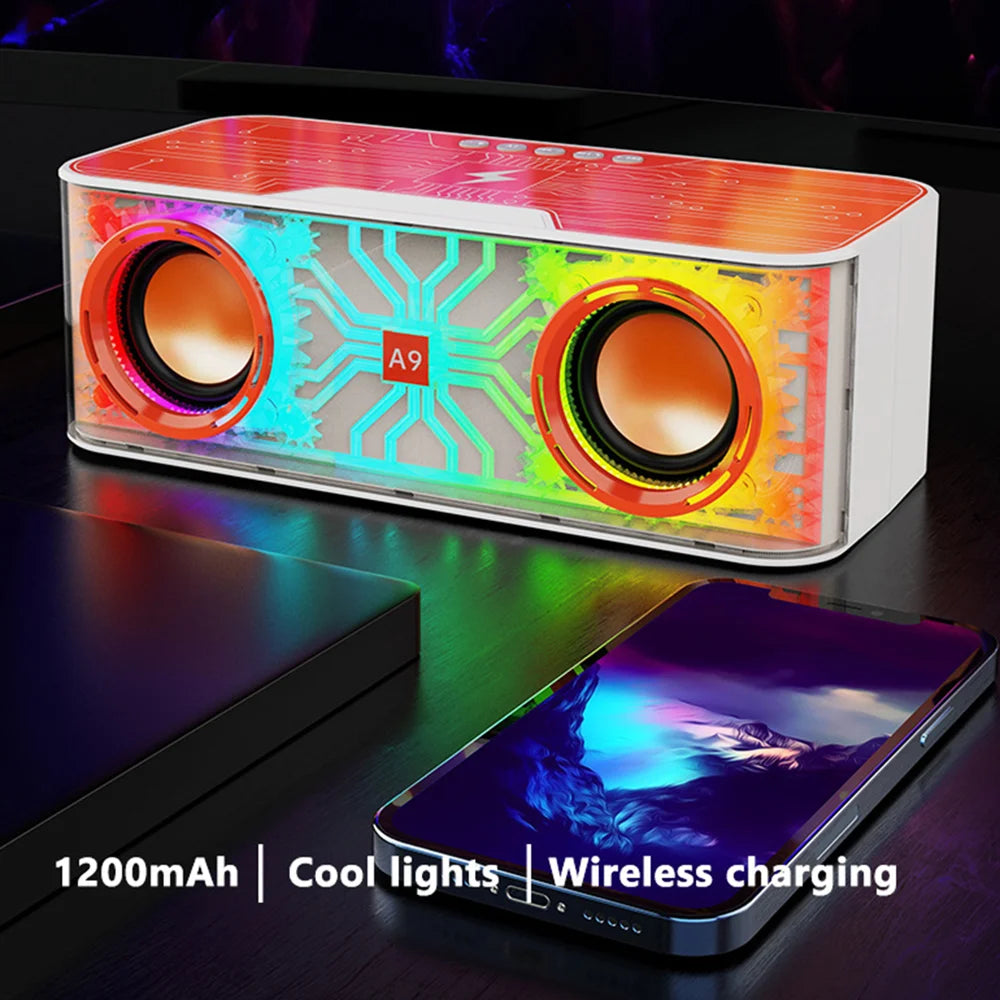 A9 Transparent Mecha Desktop Bluetooth-compatible Speaker Heavy Bass Soundbar Wireless Charger with Colorful Lights - Orange - 2