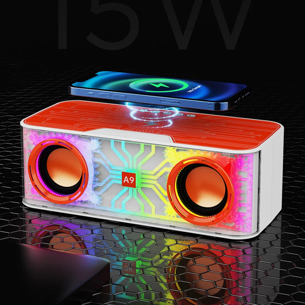 A9 Transparent Mecha Desktop Bluetooth-compatible Speaker Heavy Bass Soundbar Wireless Charger with Colorful Lights - Orange - 3
