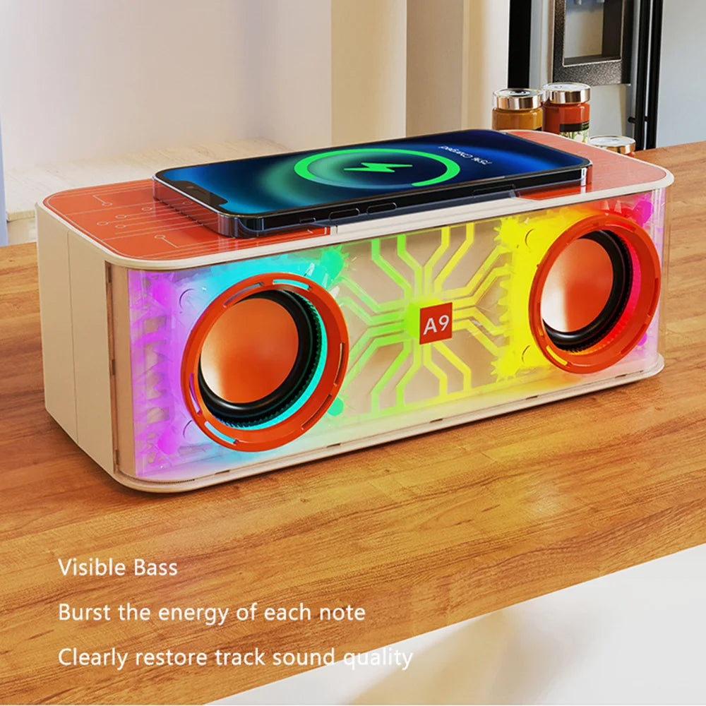 A9 Transparent Mecha Desktop Bluetooth-compatible Speaker Heavy Bass Soundbar Wireless Charger with Colorful Lights - Orange - 5