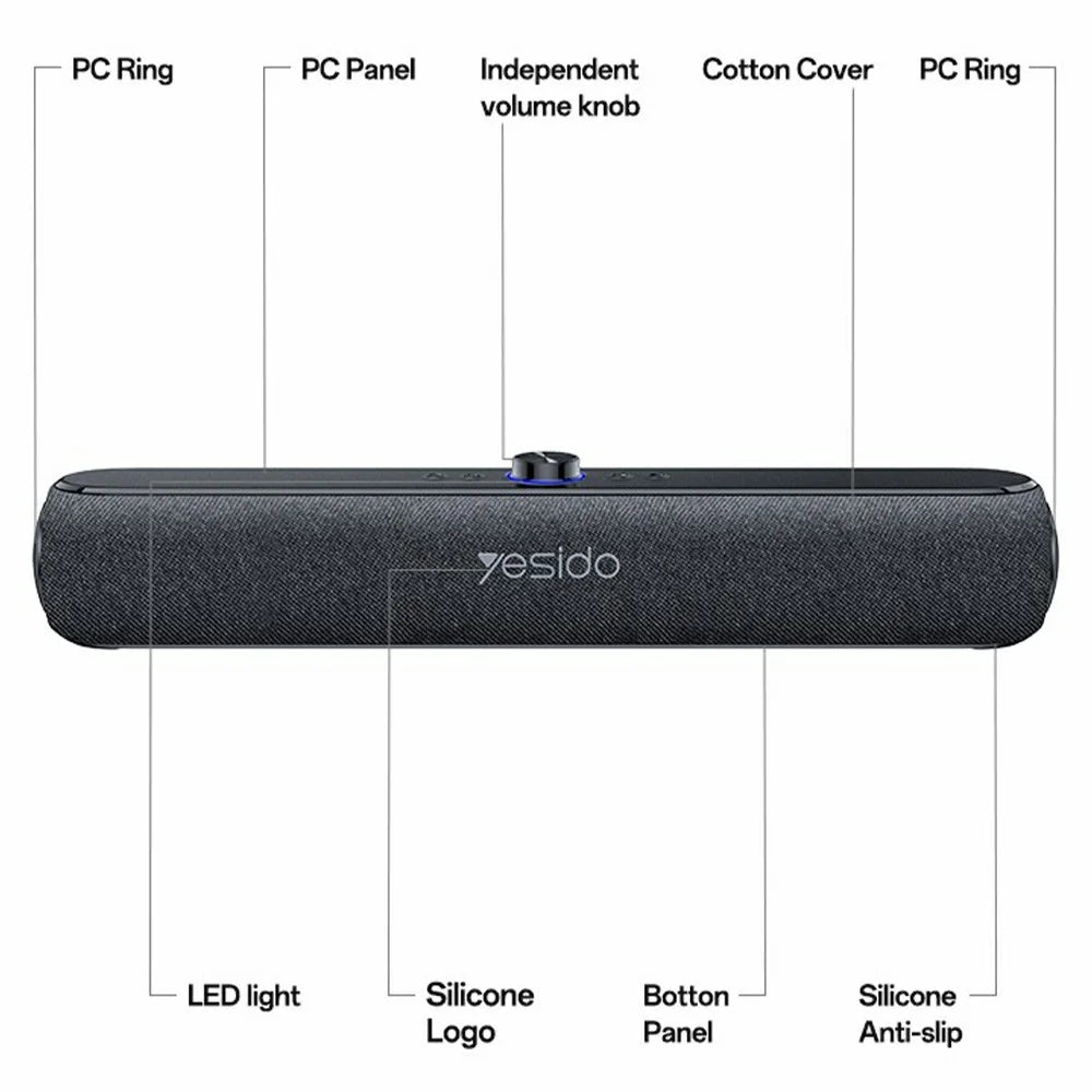 YESIDO YSW42 Wireless Bluetooth-compatible Speaker HiFi Sound Portable 20W Desktop Soundbar Support TF Card - Black - 7