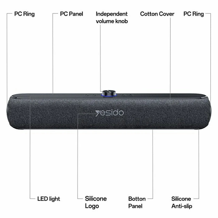 YESIDO YSW42 Wireless Bluetooth-compatible Speaker HiFi Sound Portable 20W Desktop Soundbar Support TF Card - Black - 7
