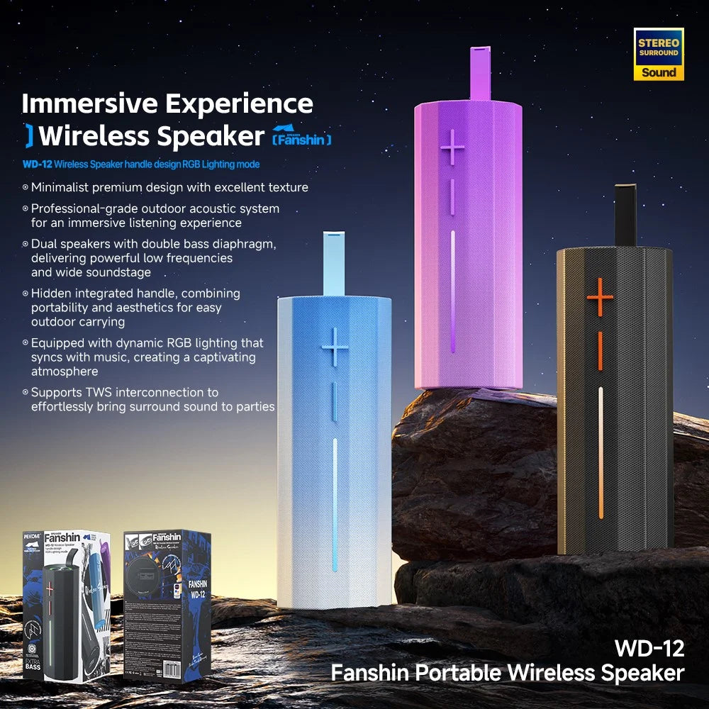 WEKOME WD-12 Fanshin Portable Wireless Speaker Dual Bass Diaphragm RGB Light TWS Stereo Speaker - Black - 2