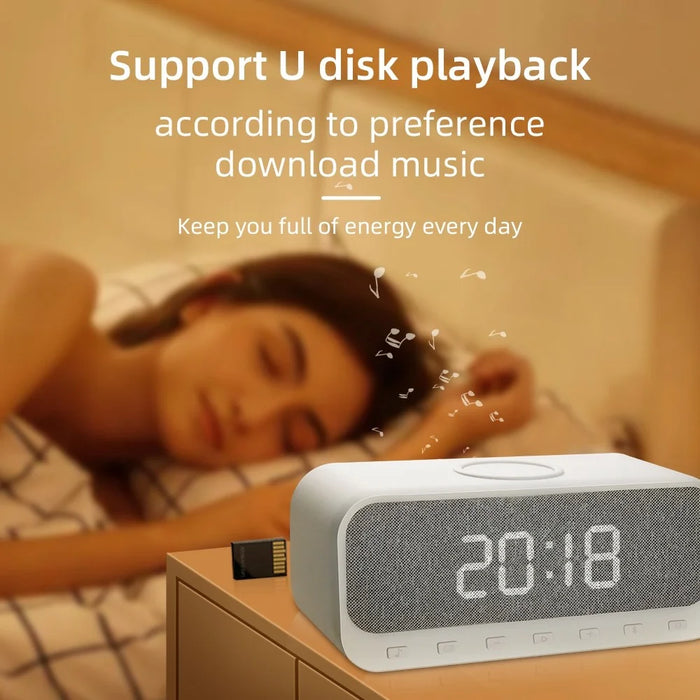 CYBORIS Bluetooth-compatible Speaker 15W Wireless Charger with LED Clock Alarm Function FM Radio Subwoofer - 7