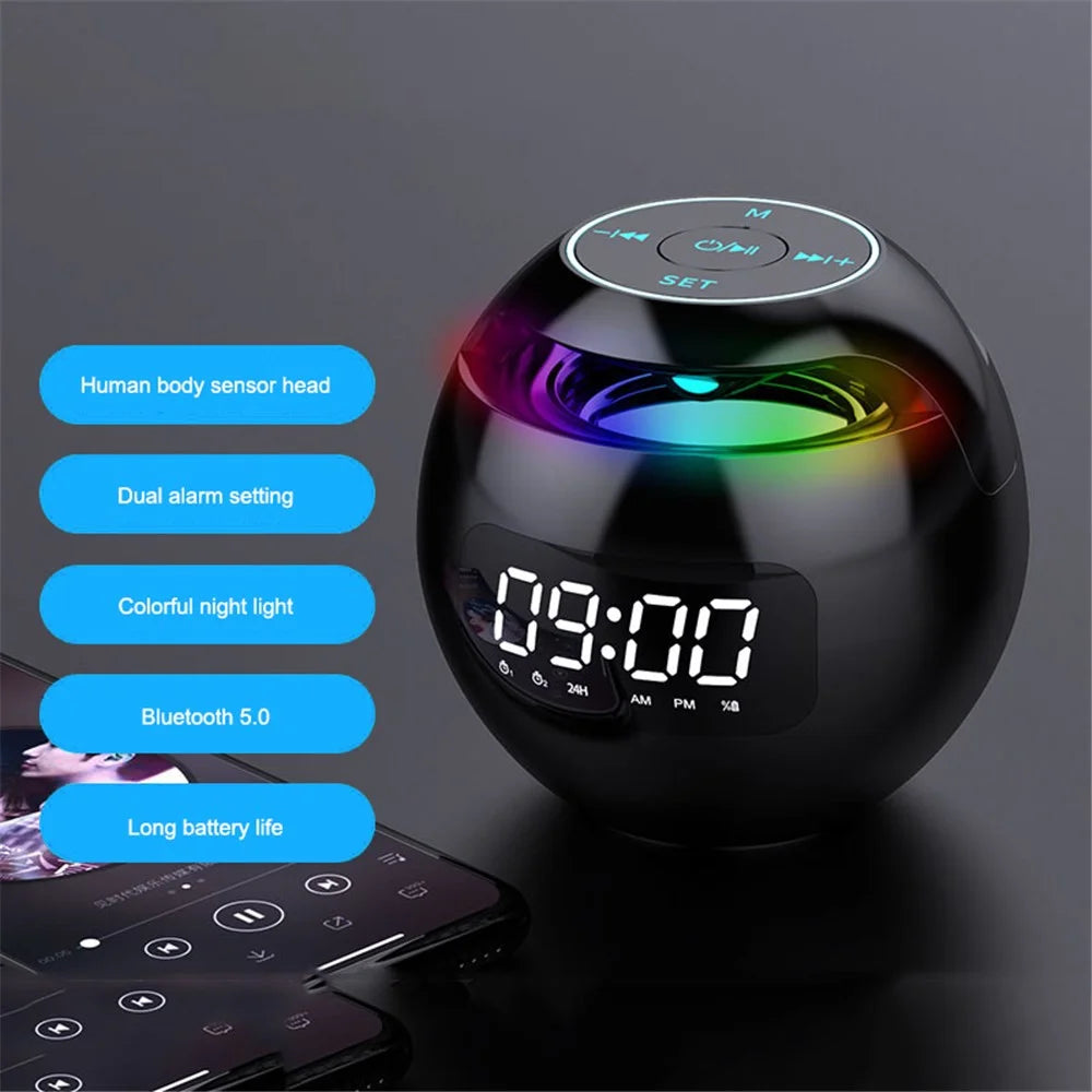 G-90Q Portable Wireless Bluetooth-compatible Speaker Ball Shape Alarm Clock FM Radio Smart Subwoofer (English / Sensing Version) - Black - 2
