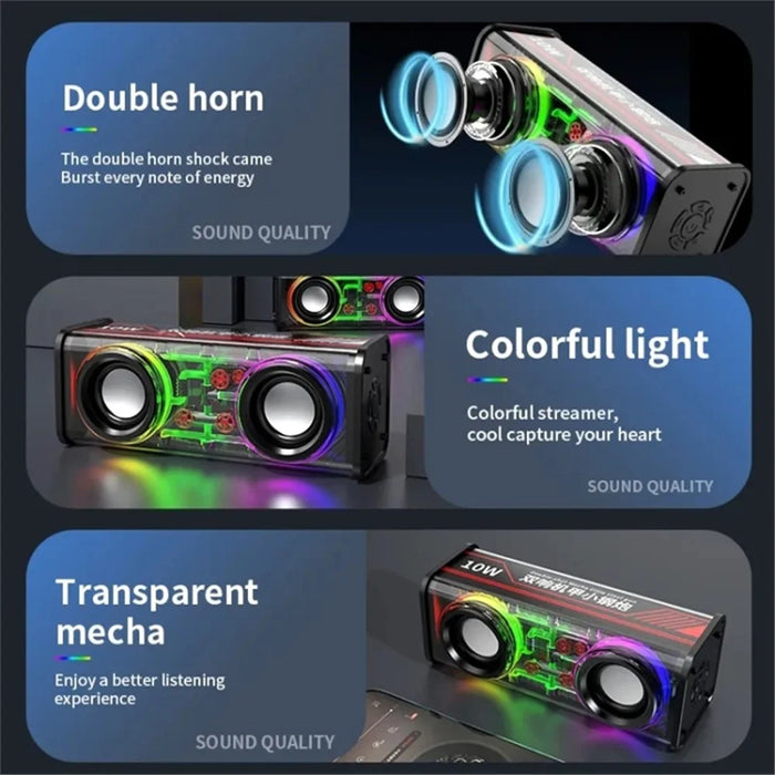 V8 Transparent Mecha Music Speaker Bluetooth-compatible 5.0 Wireless Subwoofer with RGB Light - Black - 6