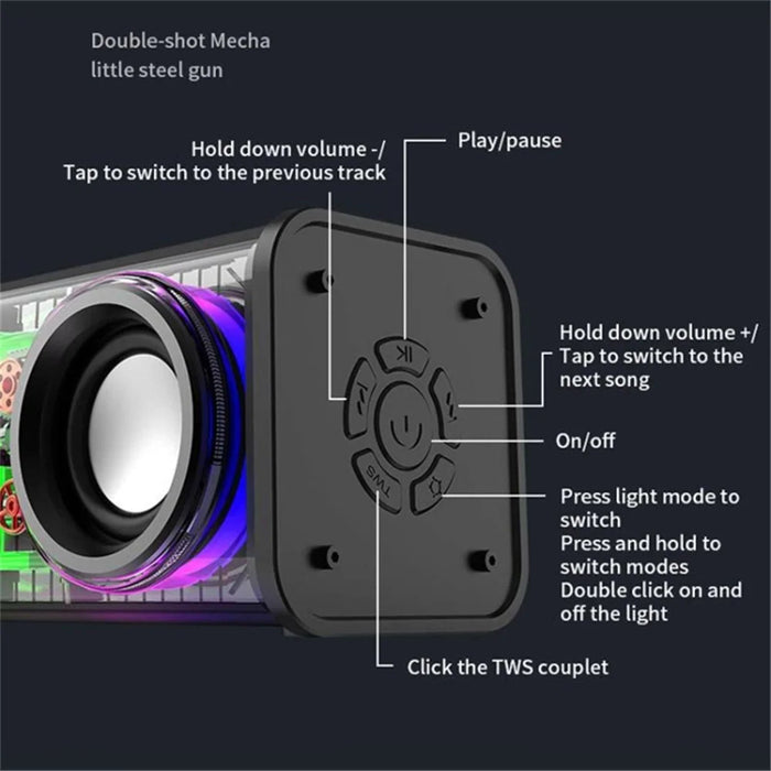 V8 Transparent Mecha Music Speaker Bluetooth-compatible 5.0 Wireless Subwoofer with RGB Light - Black - 7