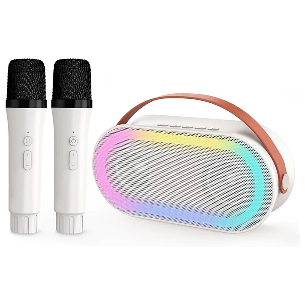P6 Home Karaoke Machine LED Lighting Bluetooth-compatible Speaker with 2 Wireless Microphones for Kids, Adults - White - 1