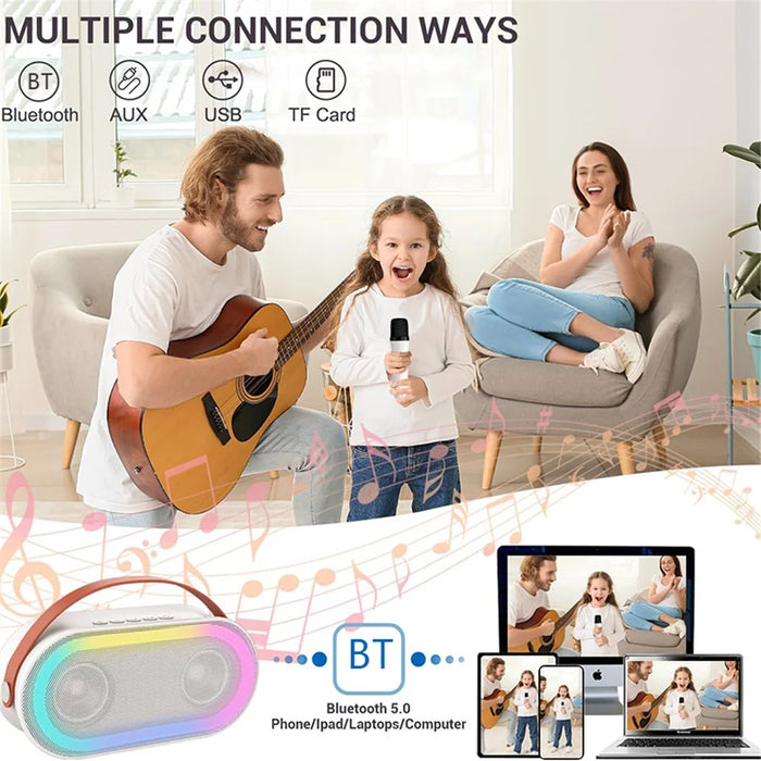 P6 Home Karaoke Machine LED Lighting Bluetooth-compatible Speaker with 2 Wireless Microphones for Kids, Adults - White - 3