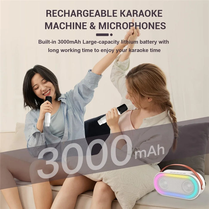 P6 Home Karaoke Machine LED Lighting Bluetooth-compatible Speaker with 2 Wireless Microphones for Kids, Adults - White - 5
