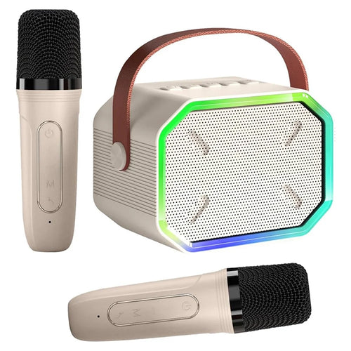P3 Kids Adults Karaoke KTV Machine LED Lighting Bluetooth-compatible Speaker with 2 Wireless Microphones - Beige - 1