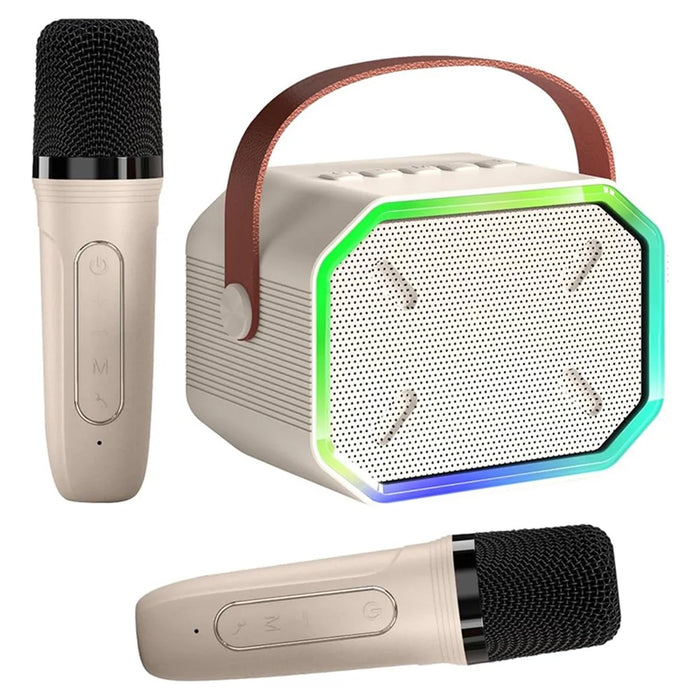 P3 Kids Adults Karaoke KTV Machine LED Lighting Bluetooth-compatible Speaker with 2 Wireless Microphones - Beige - 1