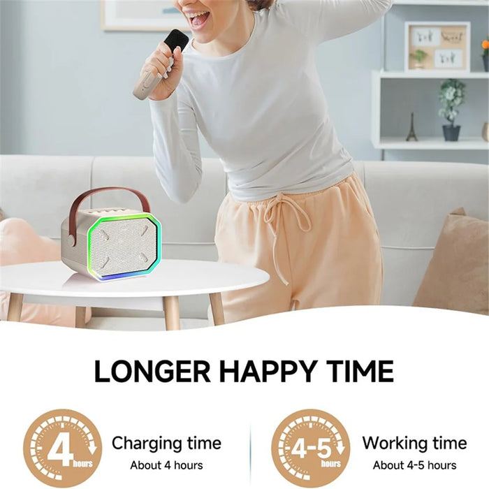 P3 Kids Adults Karaoke KTV Machine LED Lighting Bluetooth-compatible Speaker with 2 Wireless Microphones - Beige - 5