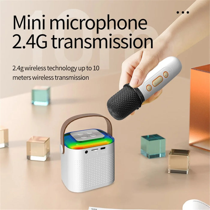 Y1 Home Karaoke Machine Portable Bluetooth-compatible Speaker Supports 3.5mm AUX and TF Card Playback with 2 Microphones - White - 7