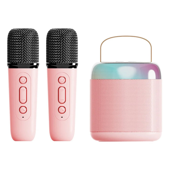 Y2 Colorful Light Mini Karaoke Machine Portable Bluetooth-compatible Speaker with 2 Wireless Microphones - Pink - 1