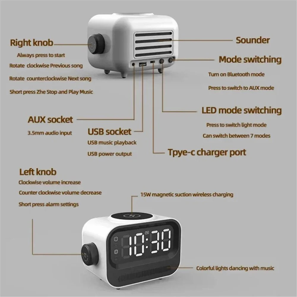 Rechargeable Bluetooth-compatible 5.2 Speaker Digital Alarm Clock Phone Magnetic Wireless Charger - White - 5