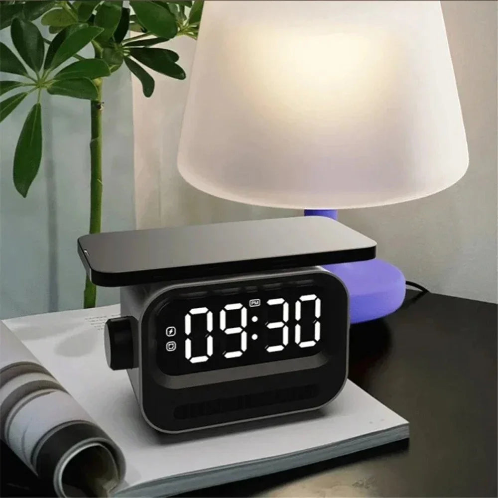 Rechargeable Bluetooth-compatible 5.2 Speaker Digital Alarm Clock Phone Magnetic Wireless Charger - White - 6