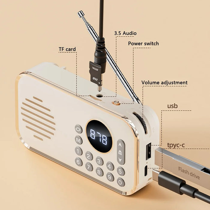 P35 Portable Bluetooth-compatible 5.0 FM Radio with 3.5mm Audio Cable Retro Speaker Support TF Card U Disk - Beige - 5