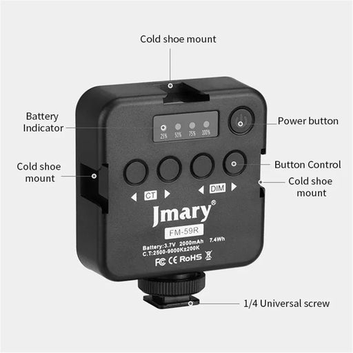 JMARY FM-59R Dimmable Video Recording Mini Fill Light with 3 Cold Shoe Mounts - 2