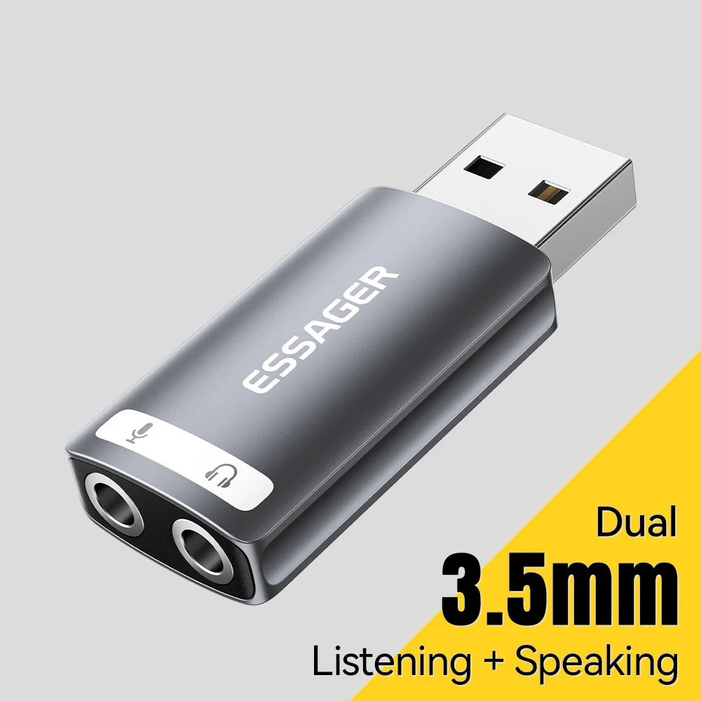 ESSAGER USB to Dual 3.5mm Audio Adapter Headset External Stereo Sound Card Converter - 2