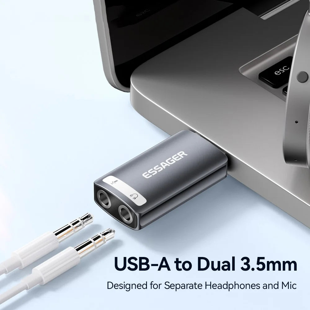 ESSAGER USB to Dual 3.5mm Audio Adapter Headset External Stereo Sound Card Converter - 4
