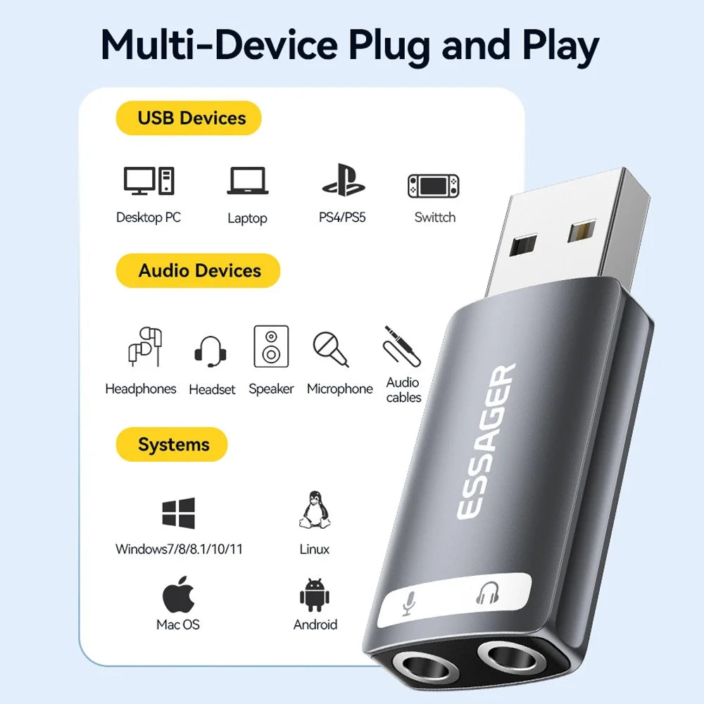 ESSAGER USB to Dual 3.5mm Audio Adapter Headset External Stereo Sound Card Converter - 5