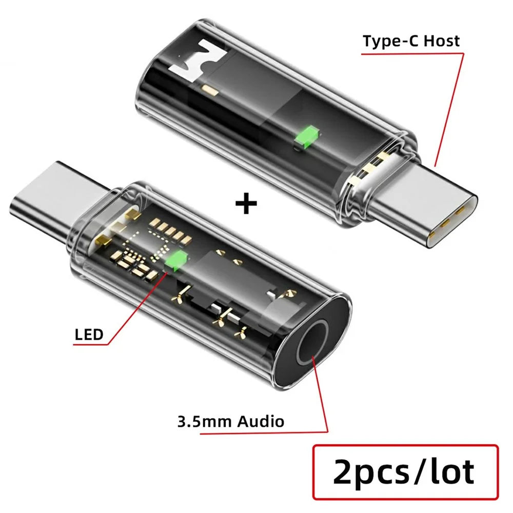 UC-075-TR 2Pcs USB-C to 3.5mm Audio AUX AB136D Chip Transparent Adapter for Laptop Tablet Phone - 2