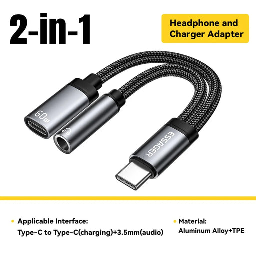 ESSAGER ES-YP25 Audio Charging Adapter Cable Type-C to Type-C + 3.5mm for Simultaneous Charging / Listening - 2
