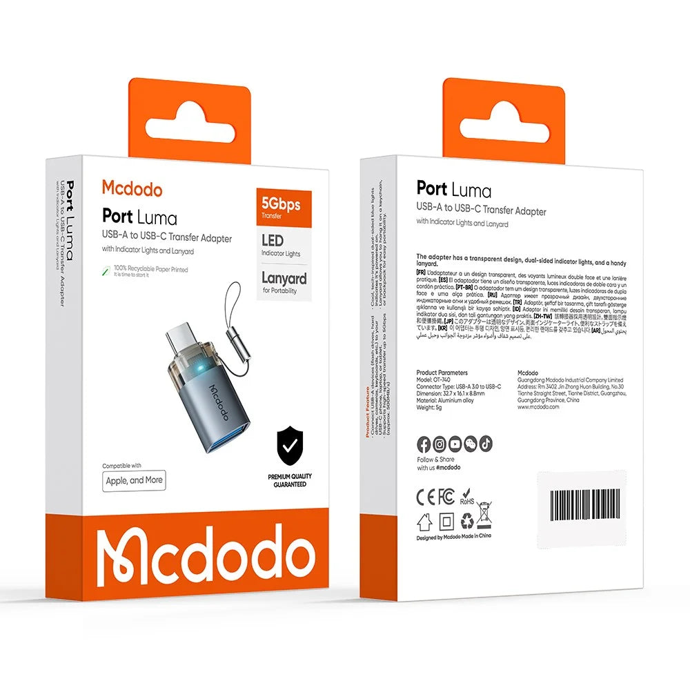 MCDODO OT-7400 MDD USB-A 3.0 to USB-C Adapter with LED Light 5Gbps Transfer Speed Aluminum Alloy - 7