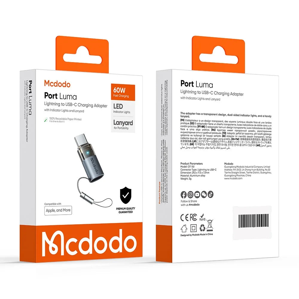 MCDODO OT-7610 MDD iP Female to USB-C Male Adapter with LED Light PD 60W Fast Charging Converter - 7