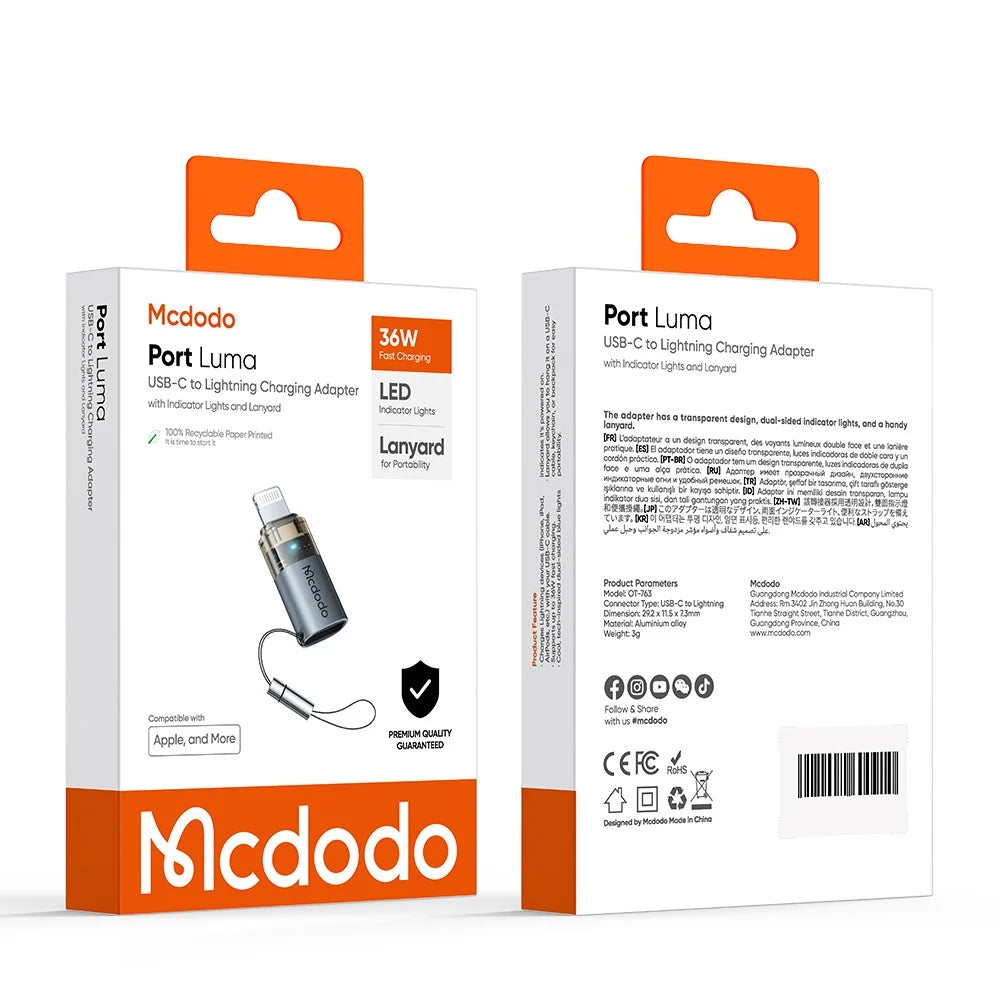 MCDODO OT-7630 MDD USB-C Female to iP Male Adapter with LED Light PD 36W Fast Charging Converter - 7