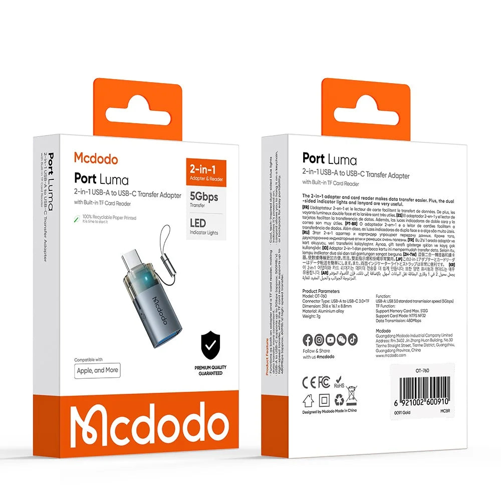 MCDODO OT-760 2 in 1 USB A Female to USB C Male Converter 480Mbps Data Transfer Adapter with TF Card Slot - 7