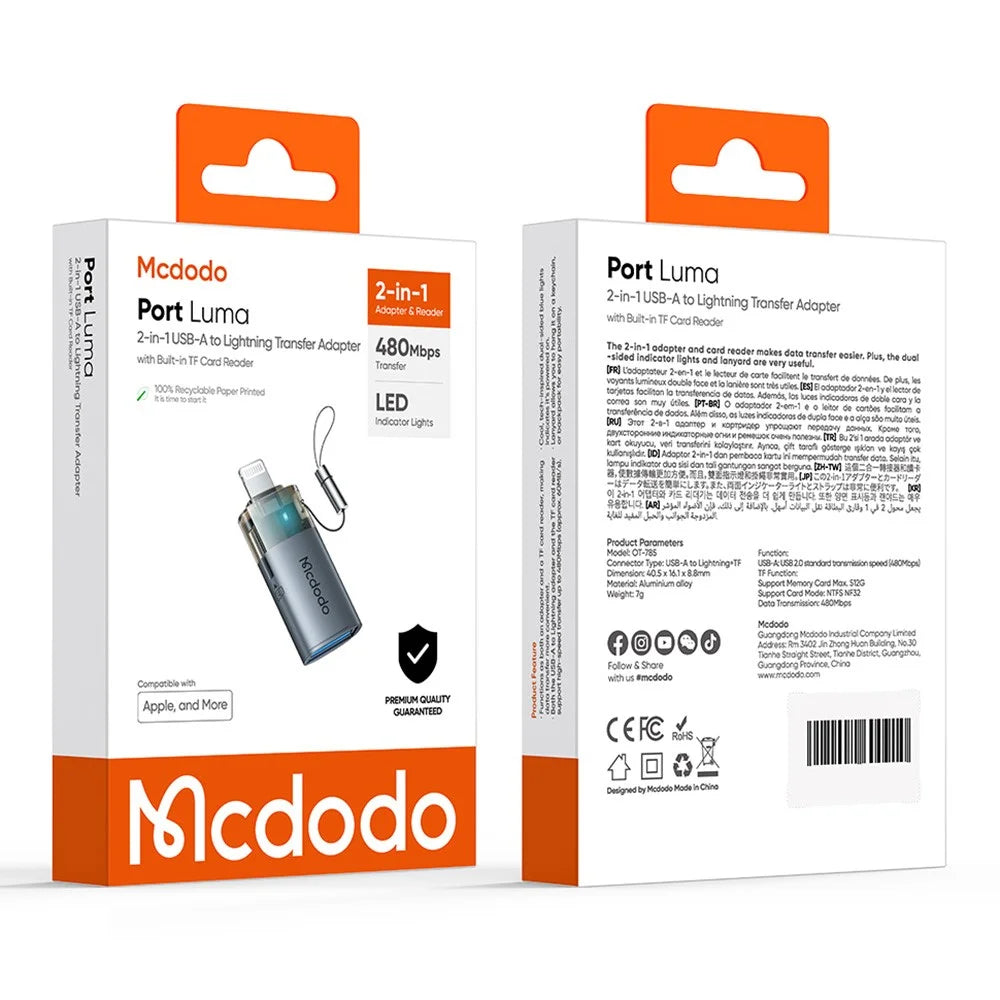 MCDODO OT-785 2 in 1 USB A Female to iP Male Converter with TF Card Slot 480Mbps Data Transfer Adapter - 7