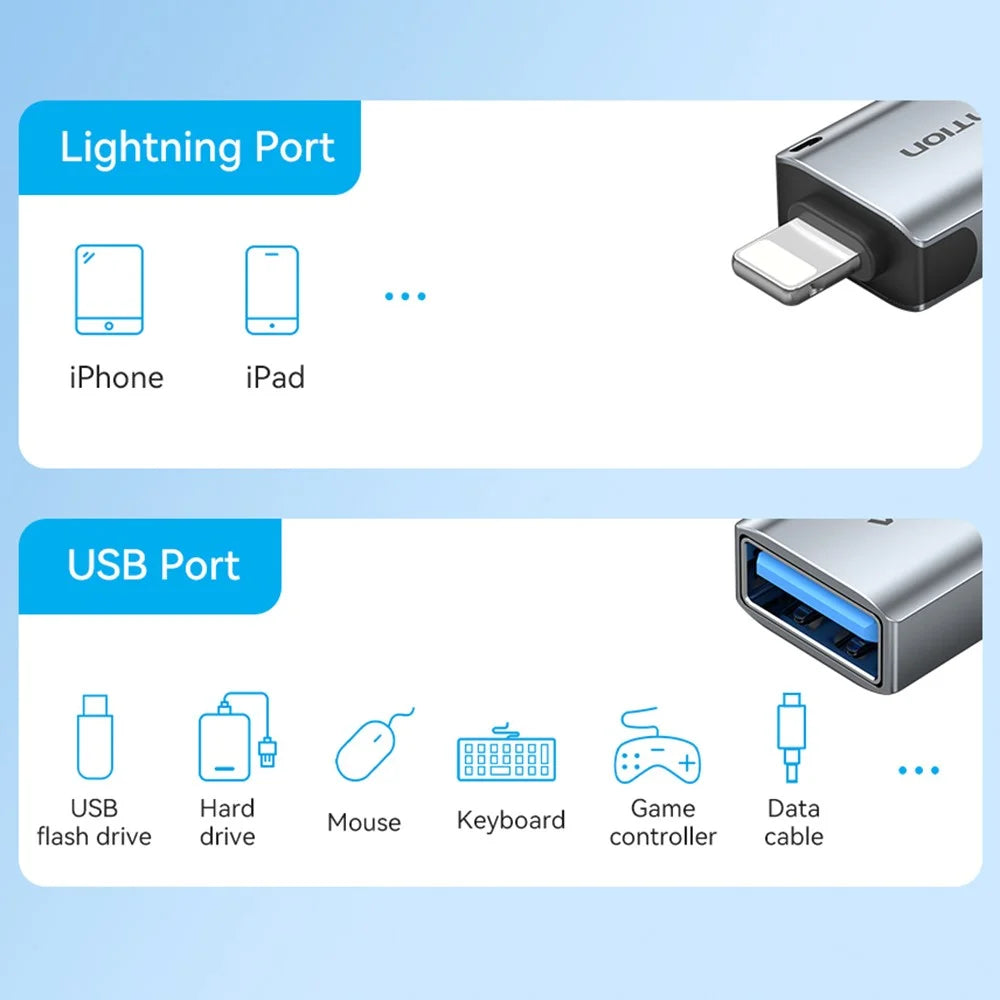 VENTION CUC Series 8-Pin Male to USB-A Female OTG Adapter Aluminum Alloy USB 2.0 Data Transfer Converter - Grey - 5