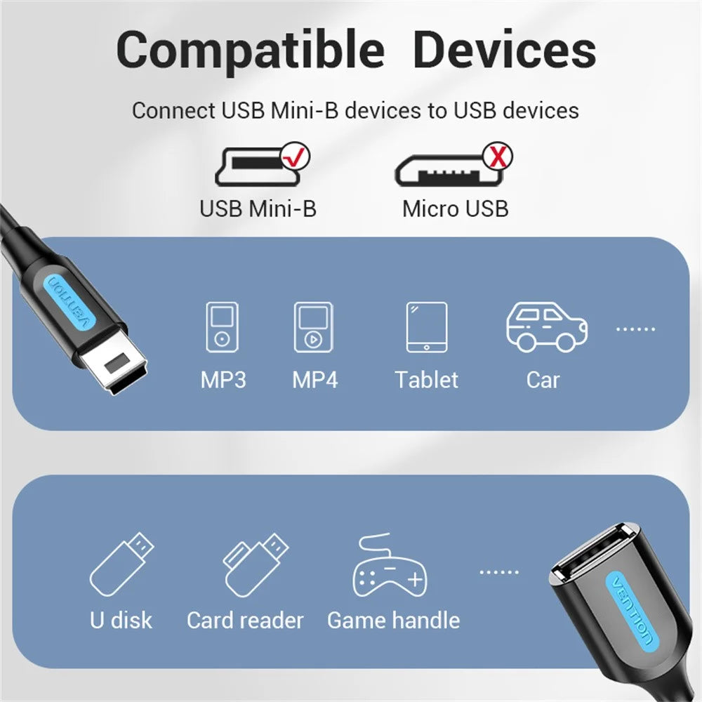 VENTION CCT Series USB 2.0 Mini-B Male to USB-A Female OTG Adapter Round PVC 0.15m Data Cable - Black - 3