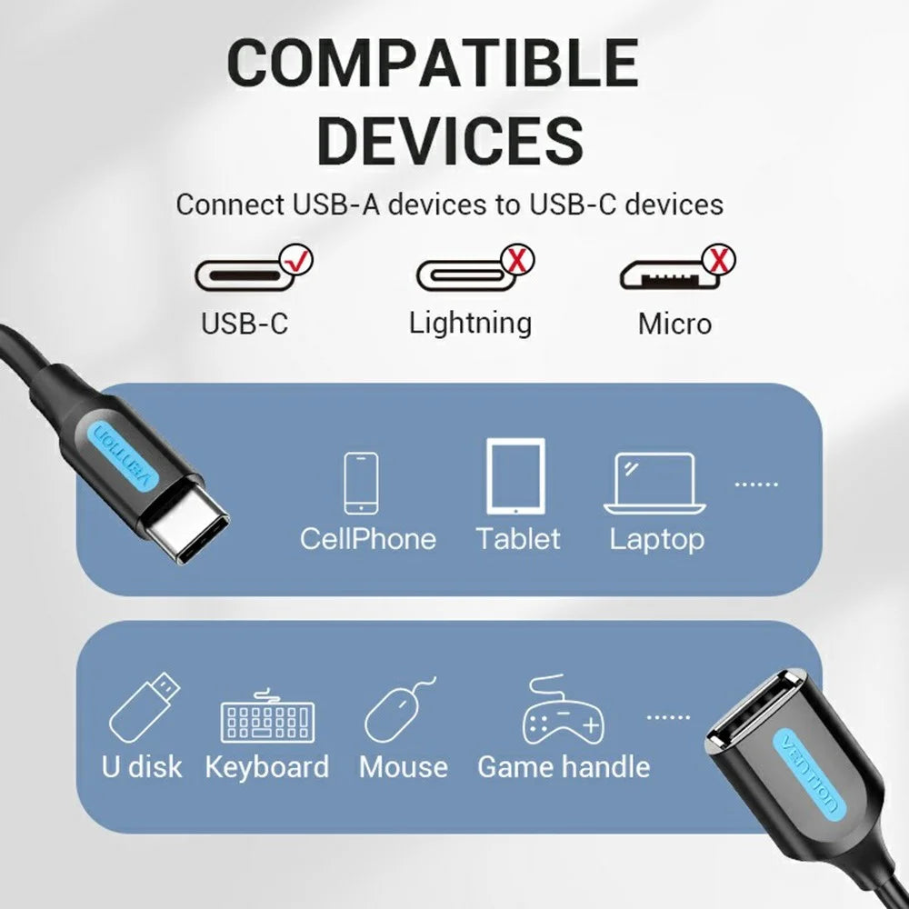 VENTION CCS Series 0.15m USB 2.0 Type C Male to USB A Female 480Mbps Transfer OTG Data Cable - 3