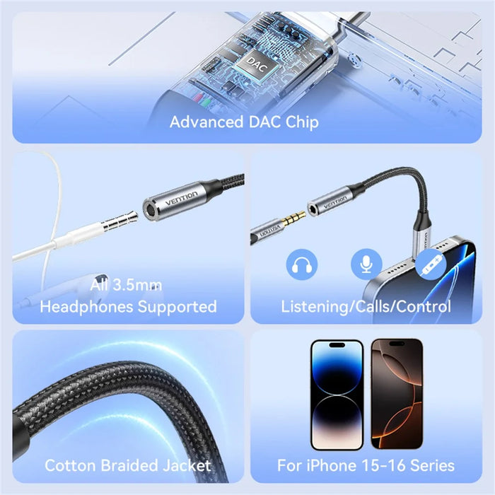VENTION BID Series 0.1m Type-C Male to 3.5mm Female Audio Adapter Cable with DAC Decoder - Grey - 3