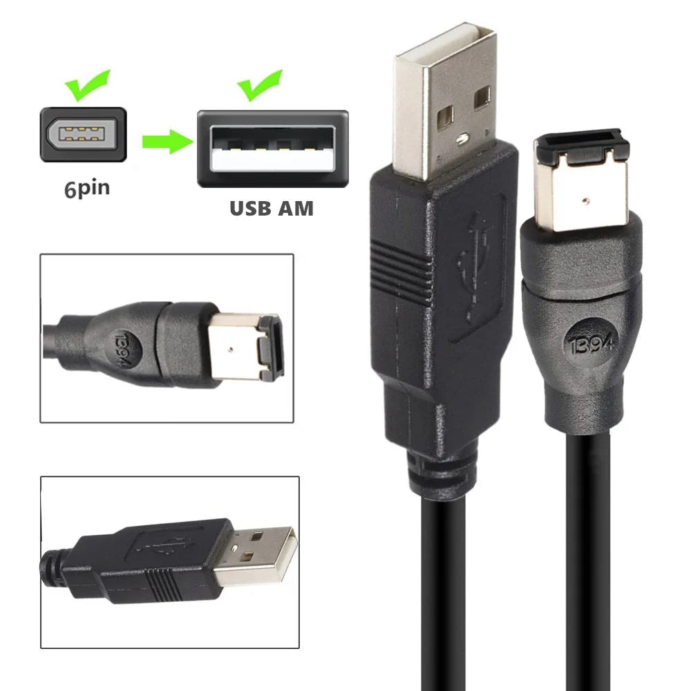 ERE For Audio Equipment USB to FireWire 1394 Adapter 6-Pin Male to USB-A Male Converter Cable - 1.8m - 2