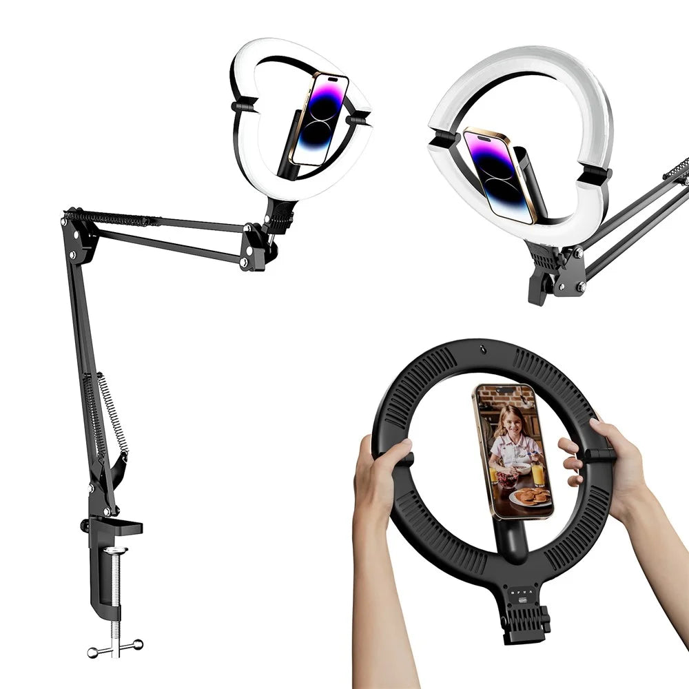 XJ36C 10 Inch Ring Light Fill Lamp with Magnetic Phone Holder Folding Stand, Overhead Shooting Kit - White - 1