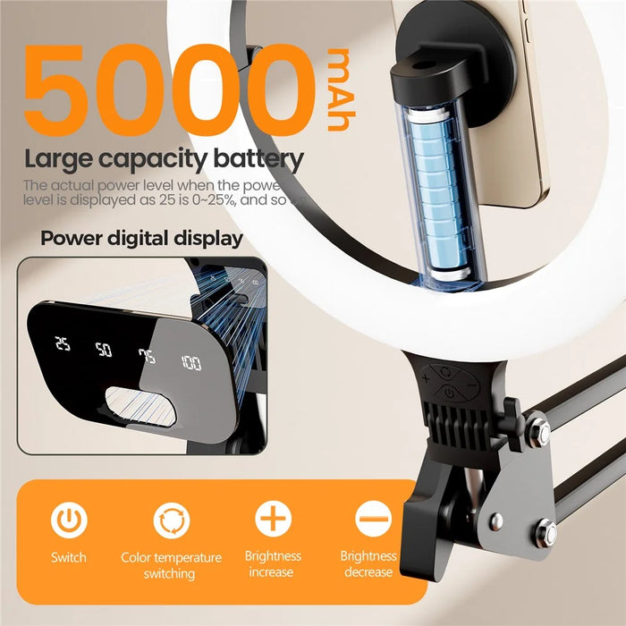 XJ36C 10 Inch Ring Light Fill Lamp with Magnetic Phone Holder Folding Stand, Overhead Shooting Kit - White - 6