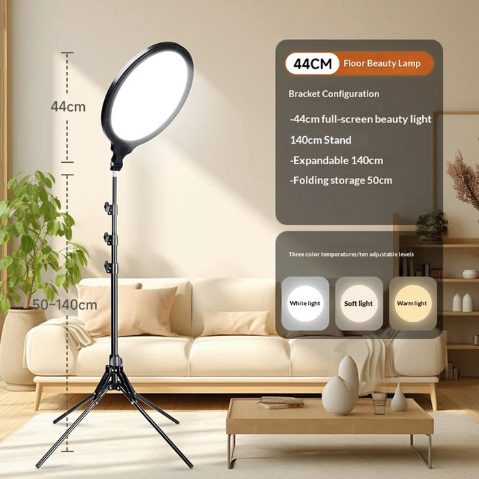 44cm Ring Light 3 Color Temperature Photography Lamp with Extendable Floor Stand for Live Streaming, EU Plug - Black - 2