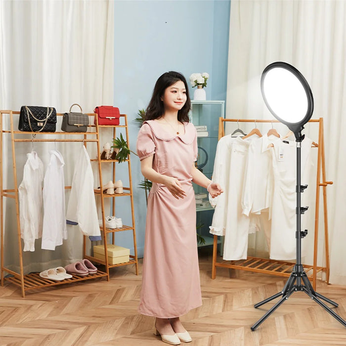 44cm Ring Light 3 Color Temperature Photography Lamp with Extendable Floor Stand for Live Streaming, EU Plug - Black - 4
