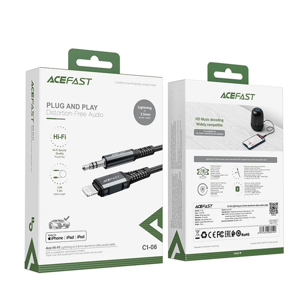 ACEFAST C1-06 Lightning Male to 3.5mm Male Aluminum Alloy Audio Cable Woven Cord 1.2m (MFI Certificated) - Dark Grey - 6