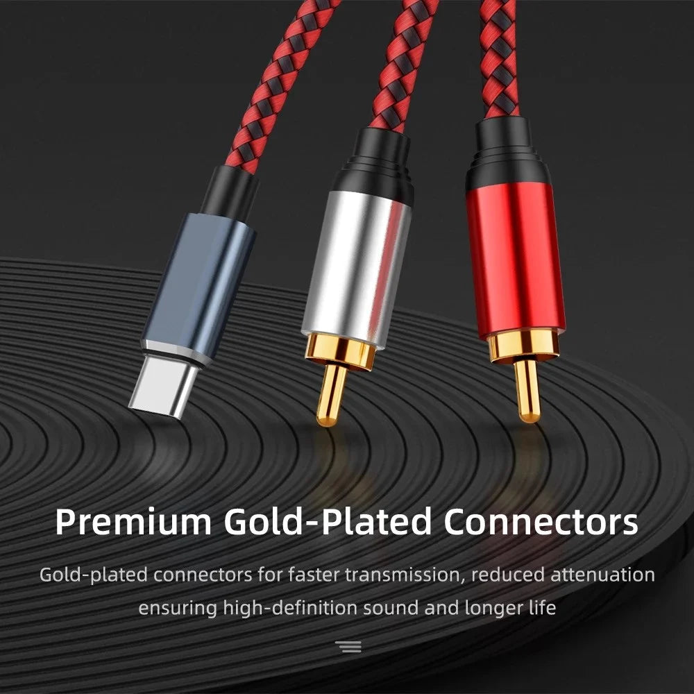 1m USB Type-C to 2 RCA Male Gold Plated Jack Audio Cable for Mobile Phone Tablet Connection to Speaker/Amplifier - 4