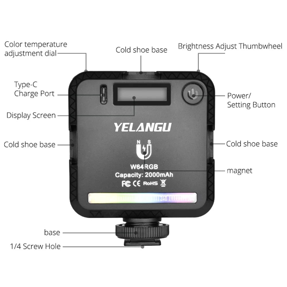 YELANGU RGB64 Portable RGB LED Camera Video Light Mini Rechargeable Photography Lighting - 6