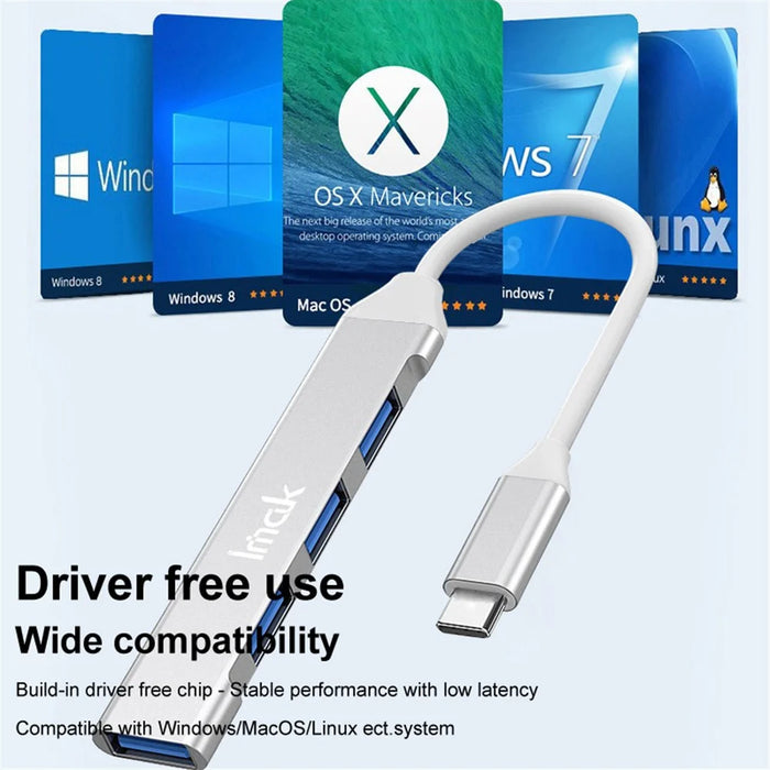 IMAK Multifunction Type-C Docking Station 4 in 1 Multi-Port Converter to 3 USB2.0 + USB 3.0 USB-C HUB Adapter Compatible with Windows / macOS / Linux - Grey - 4
